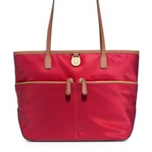 Michael Kors Red Tote Bag with Tan Straps -measures 11 x 16 x 6”